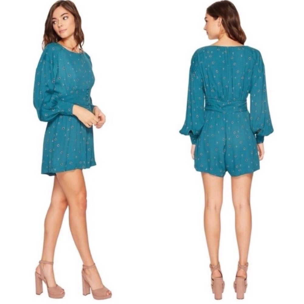 Free People Teal Floral Romper Coquette Boho Love Grows Green Keyhole Mini